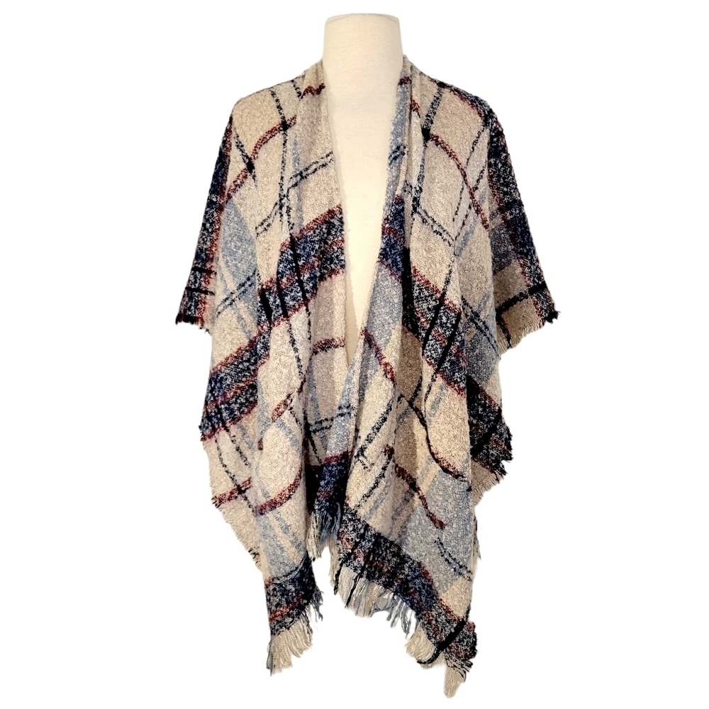 Francesca's Blue & Red Plaid Woven Fringed Poncho Scarf